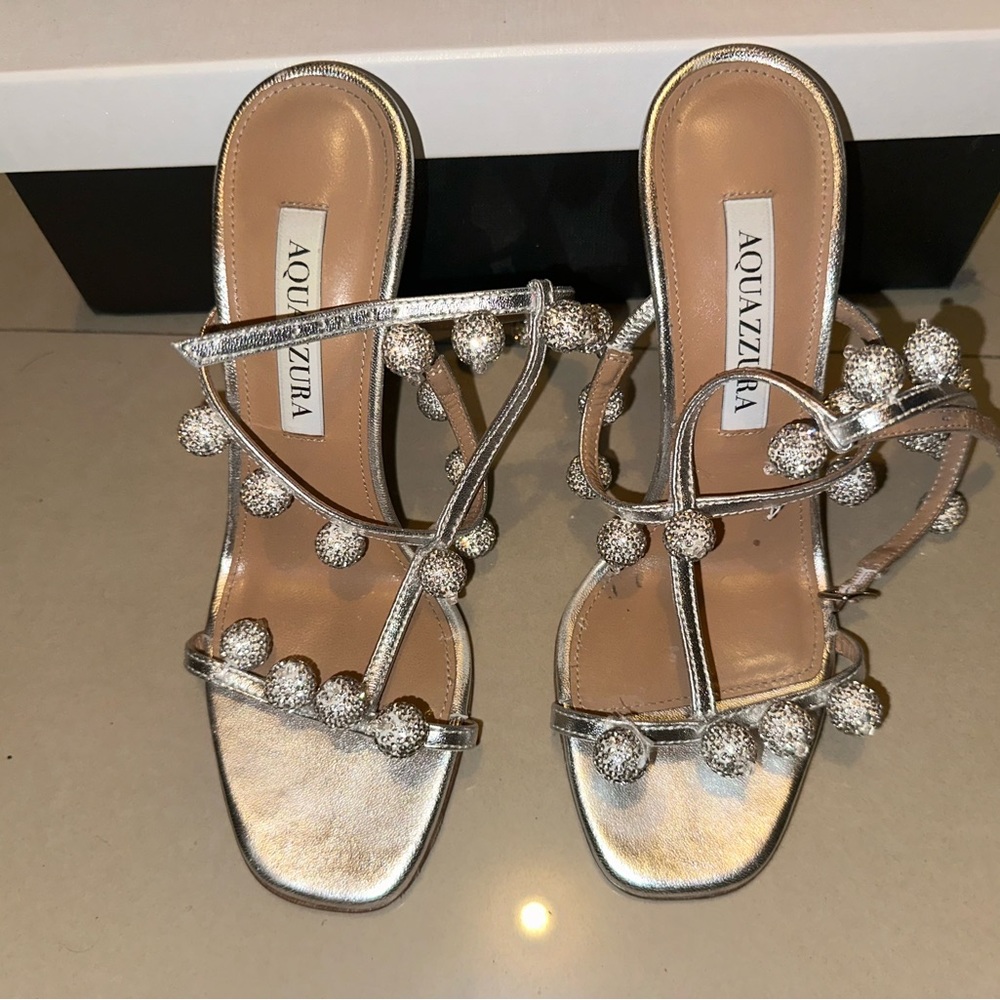 Aquazzura Silver Metallic Pom-Pom Strappy Sandals